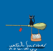 a black cat sitting on a broom with a purse that says " not in service "