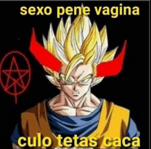 a cartoon of a man with red horns and the words `` sexo pene vagina culo tetas caca '' on a black background .