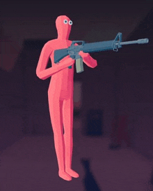 a red man with big eyes is holding a gun in his hands .