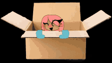 a girl with pink hair is sticking her head out of a box