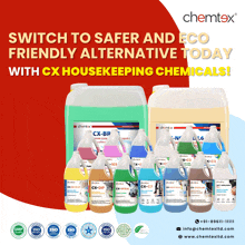 an advertisement for cx housekeeping chemicals with a red background