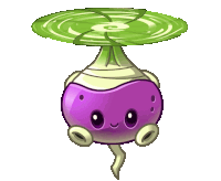 a cartoon drawing of a purple vegetable with a green leaf on top