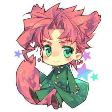 a chibi drawing of a boy with pink hair and green eyes