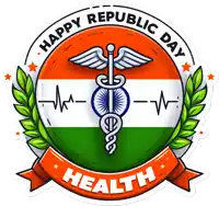 a sticker that says happy republic day health with a caduceus in the middle