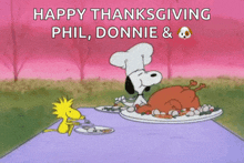 a cartoon of snoopy and woodstock sitting at a table with a turkey on it .