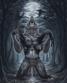 a painting of a werewolf in a dark forest with a full moon in the background