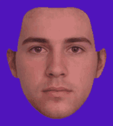 a man 's face is against a purple background