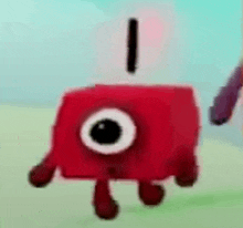 a red cube with a big eye is walking on a field .