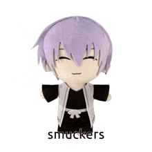 a stuffed toy with purple hair and the words smuckers on the bottom