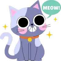 a cat with a speech bubble that says meow on it