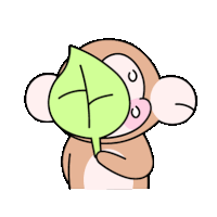 a cartoon monkey holding a green leaf in front of its face .