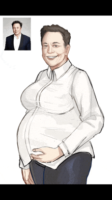 a drawing of a pregnant elon musk with a picture of him behind him