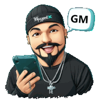 a cartoon drawing of a man wearing a beanie that says gm