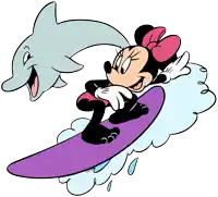 a cartoon of minnie mouse riding a surfboard next to a smiling dolphin