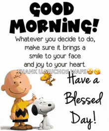 a good morning message with snoopy and charlie brown on it