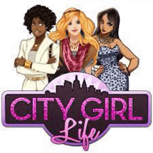 a group of three women standing next to each other in front of a city girl life logo .