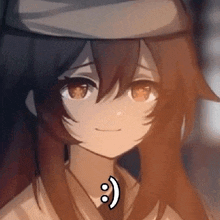 a close up of a anime girl with a bandana on her head and a smile on her face .