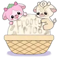 a drawing of two cows standing next to an ice cream cone that says frooty moo