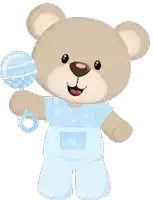 a teddy bear wearing blue overalls is holding a baby rattle