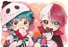 two anime characters , deku and todoroki from my hero academia , are eating candy for halloween .