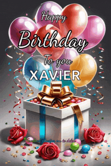 a birthday card for xavier with balloons and a gift box