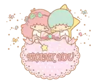 a pink thank you card with two little twin stars on it