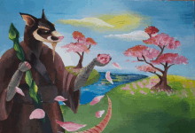 a painting of a rat holding a flower in front of trees