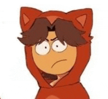 a cartoon character wearing a red hoodie with cat ears is making an angry face .