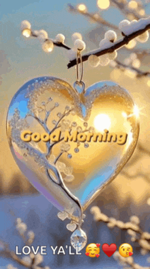 a heart shaped ornament with the words `` good morning love ya 'll '' written on it is hanging from a tree branch .