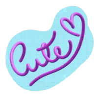 a purple sticker with the word cute and a heart