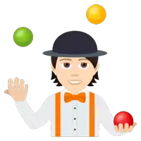 a man in a bowler hat and bow tie juggling three balls