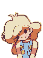 a pixel art of a girl wearing overalls and a hat