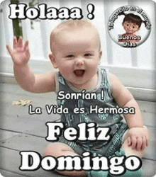 a baby waving with the words holaa sonrian la vida es hermosa feliz domingo written below it