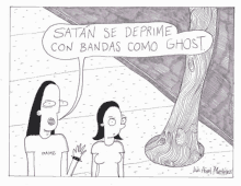 a cartoon shows two people talking to each other and the words satan se deprime con bandas como ghost