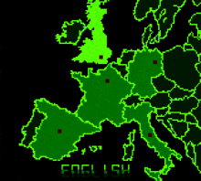 a green pixelated map of europe with the word english underneath it