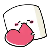 a cartoon drawing of a marshmallow holding a pink heart in its mouth