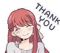 a girl with long red hair is smiling and crying with the words thank you above her