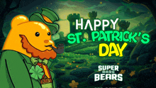 a cartoon of a leprechaun with a pipe and the words happy st. patrick 's day super rare bears