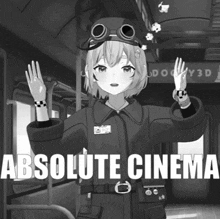 a black and white photo of a girl with the words absolute cinema written below her