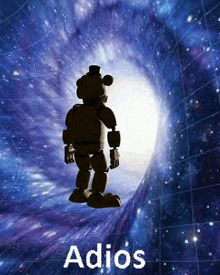 a teddy bear is standing in the middle of a galaxy with the words `` adios '' written on the bottom .