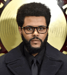 a man with a beard and glasses wearing a black coat and tie .