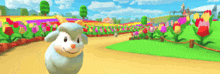 a cartoon sheep is standing in front of a flower field