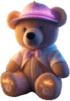 a teddy bear wearing a purple hat and a white shirt