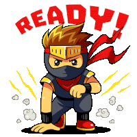 a cartoon illustration of a ninja with the word ready behind him