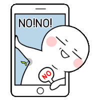 a cartoon character is standing in front of a cell phone with the word no on it .