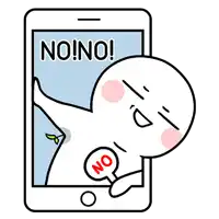 a cartoon character is standing in front of a cell phone with the word no on it .