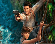 a man holding a gun next to a woman in a video game