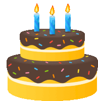 a birthday cake with three blue candles and sprinkles