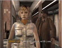 a woman in a video game is talking to a man in a coat .