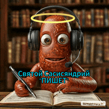 a cartoon sausage wearing headphones and a halo is writing on a book